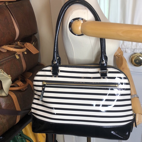 KATE SPADE Wellesley Rachelle Black White Stripe Patent Leather Ext Pocket Bag - Picture 11 of 17